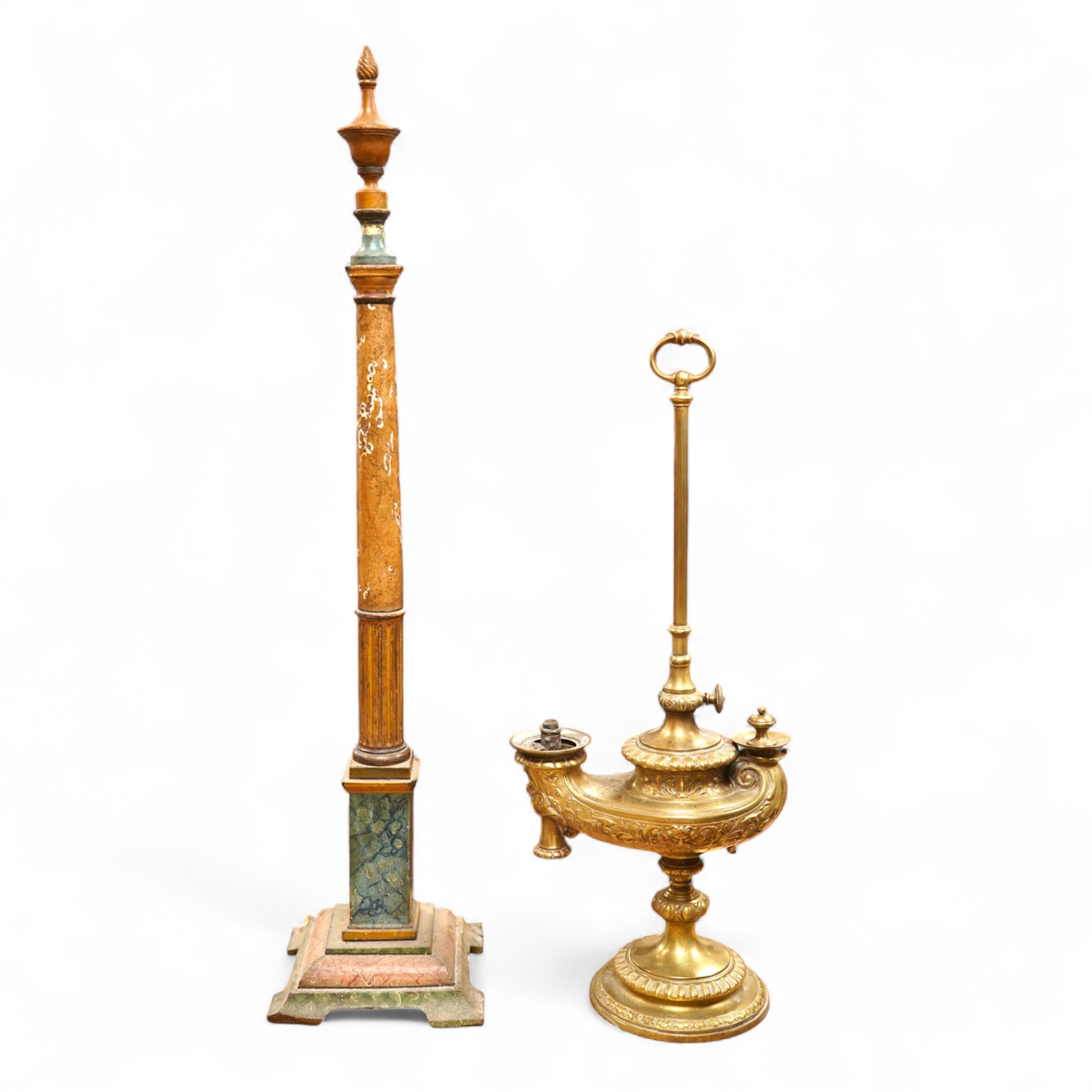 A brass ‘oil lamp’ lamp base and a polychrome painted wood pillar, 75cm